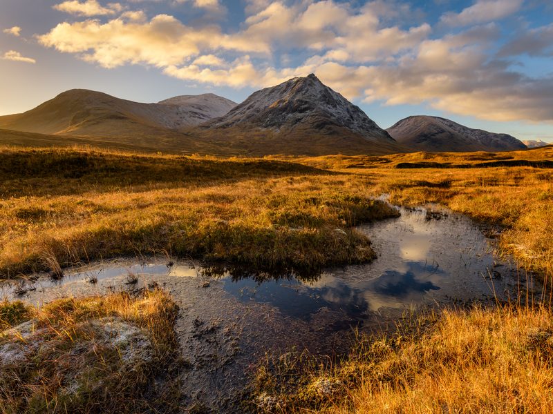 Morning light on Rannoch Moor, with snow on the mountains